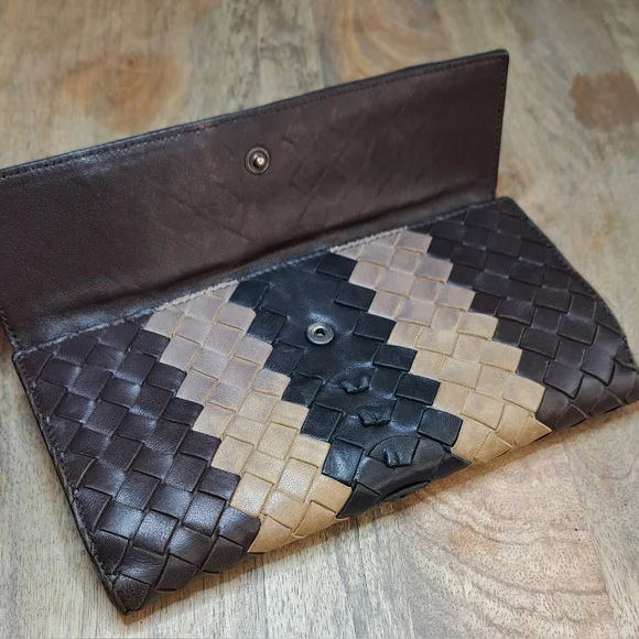 Bottega Veneta Intreccaito Black Brown and Tan Woven Wallet Clutch